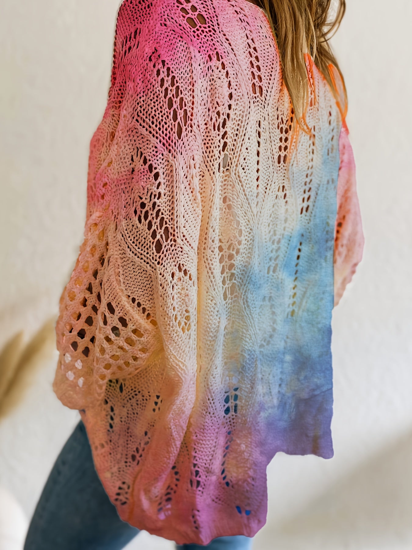 Women's Rhombus Cut-Out Batwing Top Off-Shoulder Gradient Color Long Sleeve Beach Cover-Up