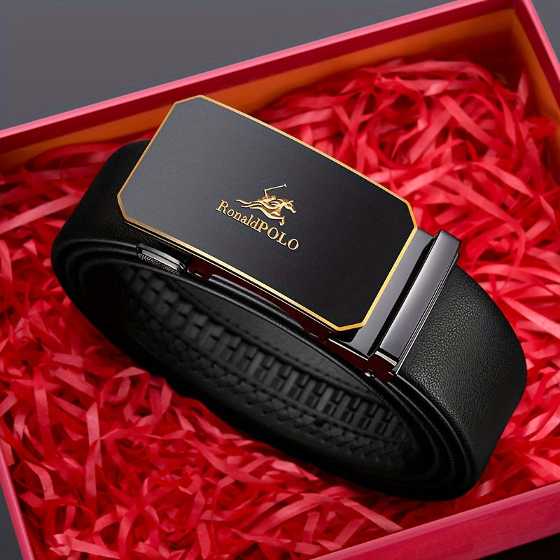 Men's Black Leather Belt with Automatic Buckle for Formal Business Wear