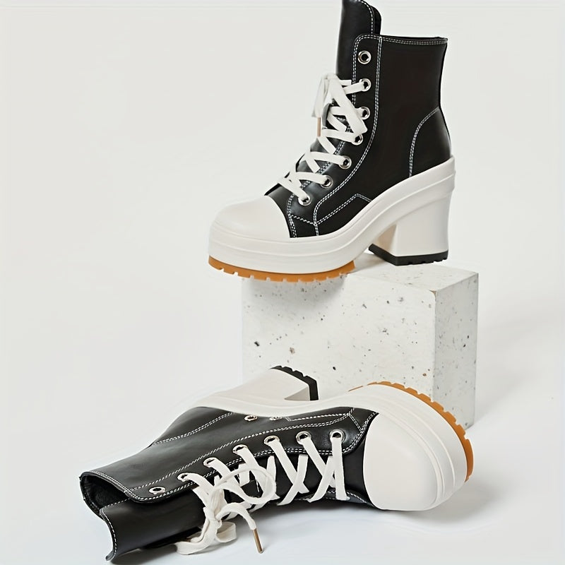 Women's Chunky Platform Ankle Boots Casual High Heel Short Boots Solid Color