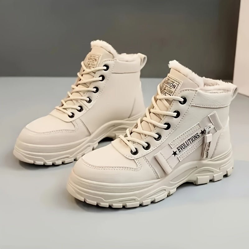 Women's Plush-Lined Ankle Boots Thermal Insulation Winter Slip-On Black White