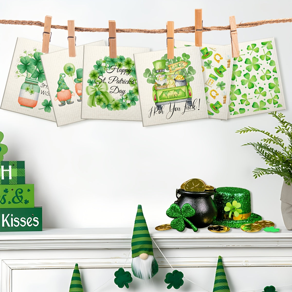 Six-Pack St. Patrick's Day Kitchen Towels Reusable Wood Pulp Fiber Gnome Clover