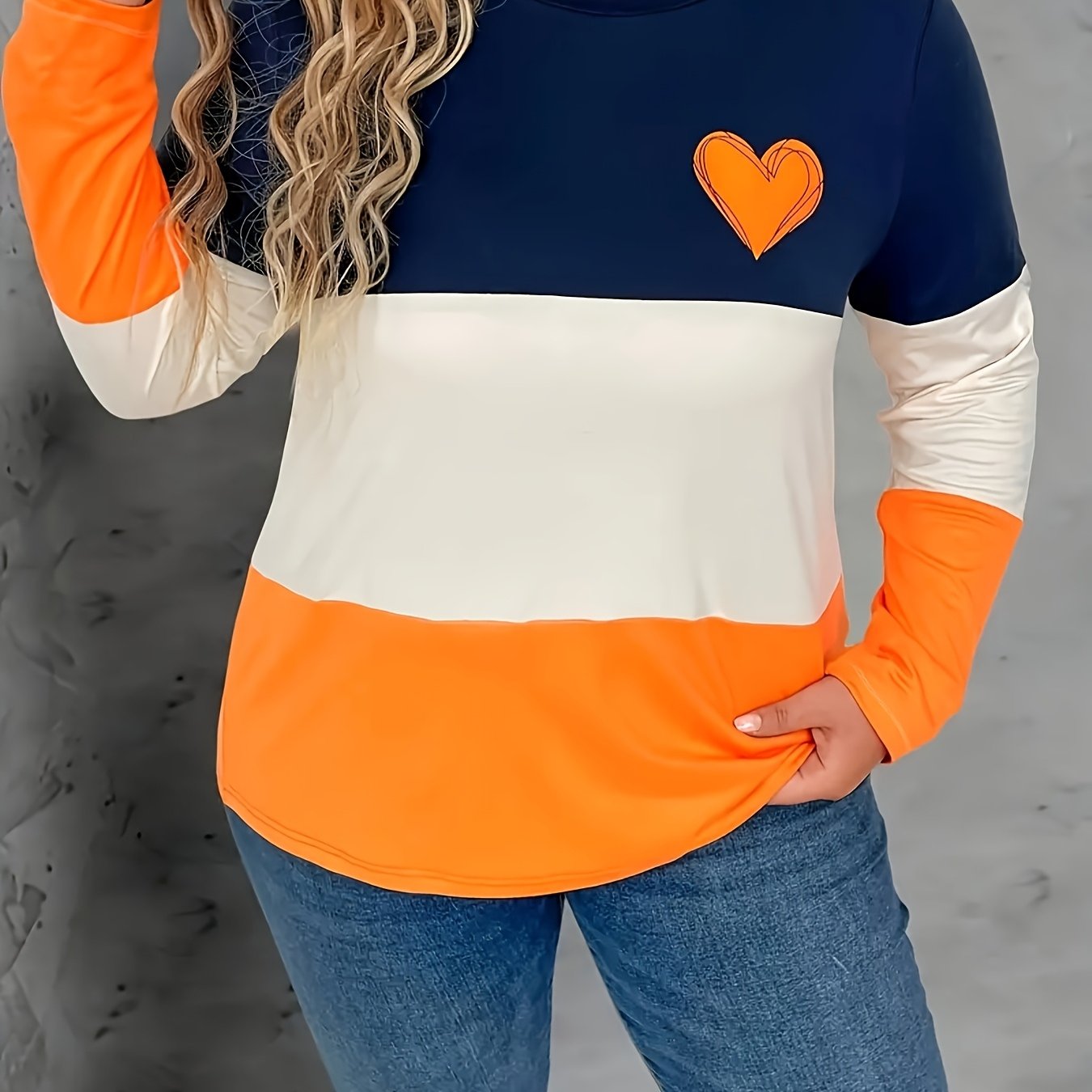 Plus Size Women's Color-Block Long Sleeve Top Polyester Blend Round Neck Casual Wear