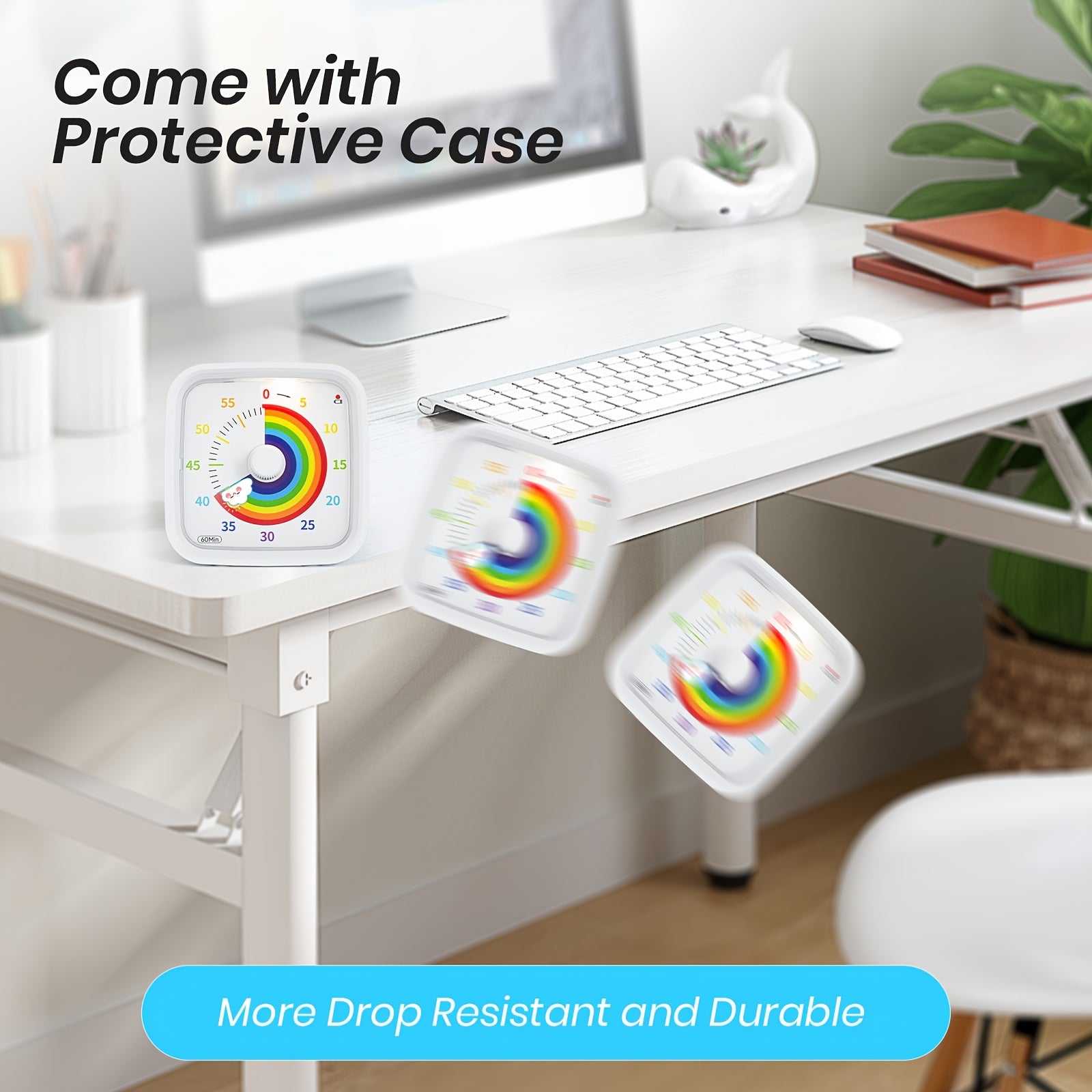 Quiet 60-Minute Visual Timer Rainbow White with Protective Case for Study Kitchen Office