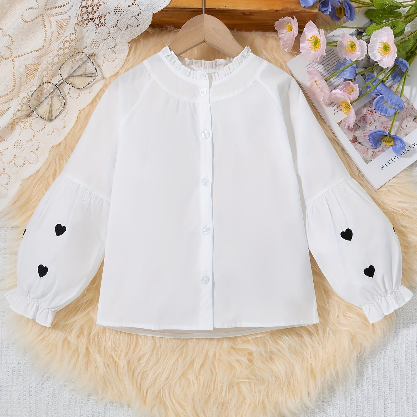 Длинная рубашка с сердечным узором и рюшей на воротнике для девочек