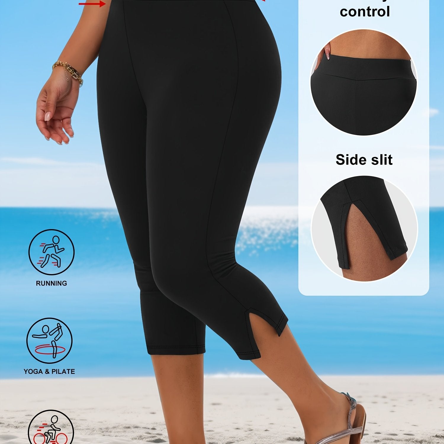 Plus Size Women's Stretchy Capri Pants with Side Slit Solid Color Breathable Fabric