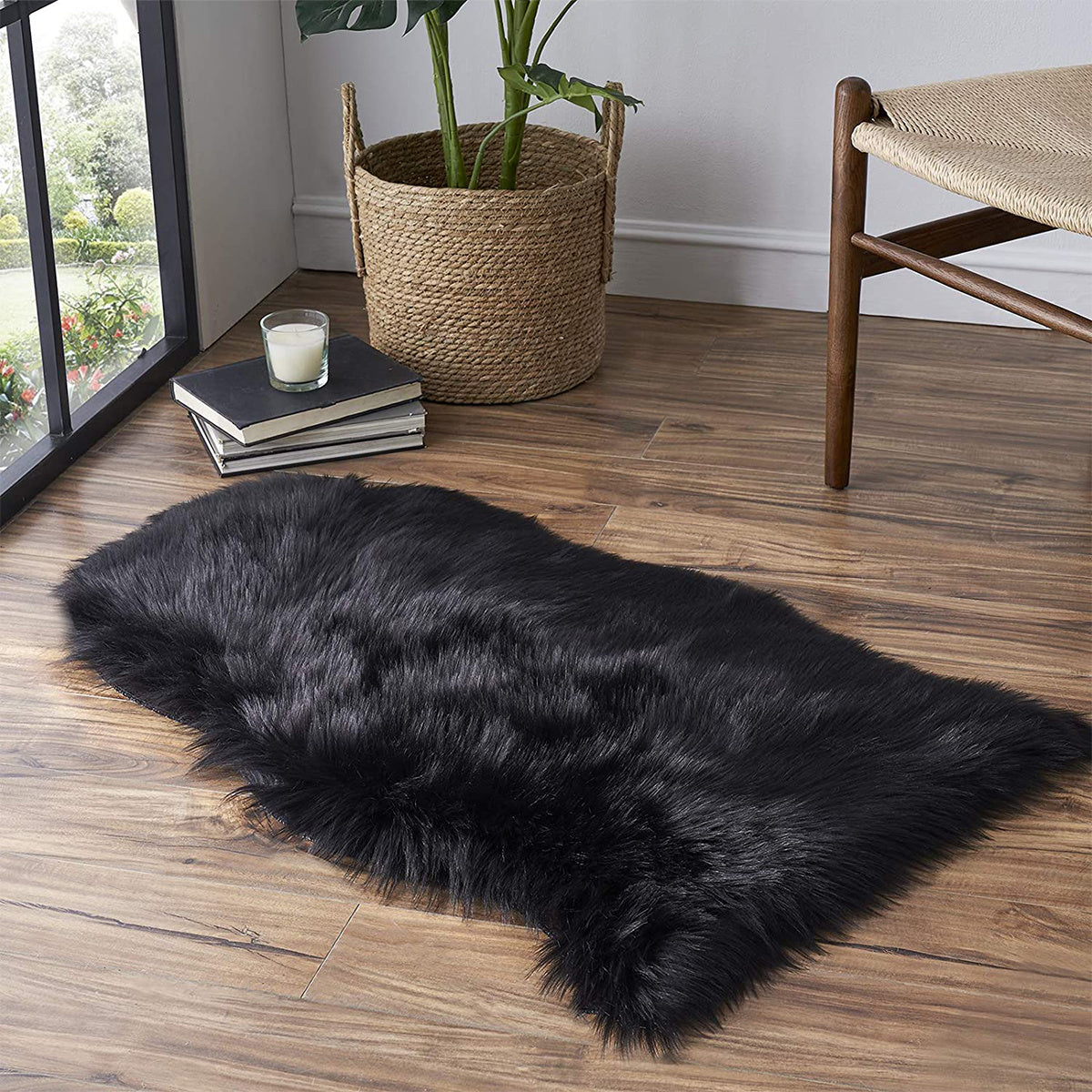 Black Shag Area Rug Luxuriously Soft Polyester-Acrylic Hand Washable Floor Decor