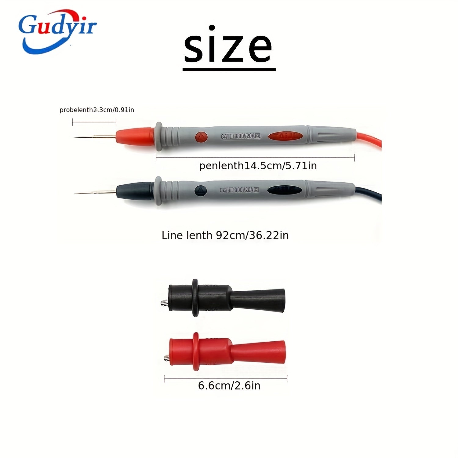 Bir to'plam universal multimetrlik test simlari, alligator kliplari va AC/DC voltajini 1000V gacha va tokni 20A gacha o'lchash uchun turli test probalari bilan.