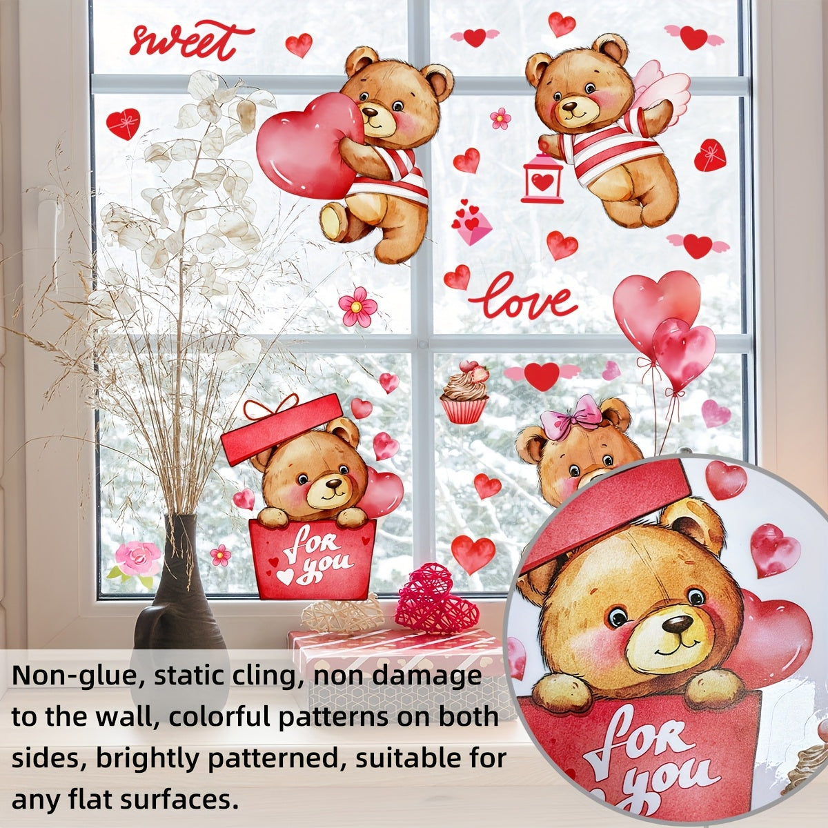 Valentine's Day Teddy Bear Heart Balloons Window Stickers 2 Sheets Reusable PVC