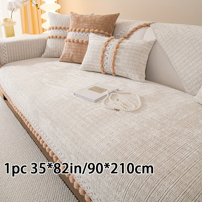 Зеленый чехол для дивана из шенилла с помпонами - водонепроницаемый и дружелюбный к домашним животным, подходит для всех размеров диванов (на 1-4 человека) - легкий в уходе, можно стирать в машине, с кисточками, идеален для любого декора комнаты