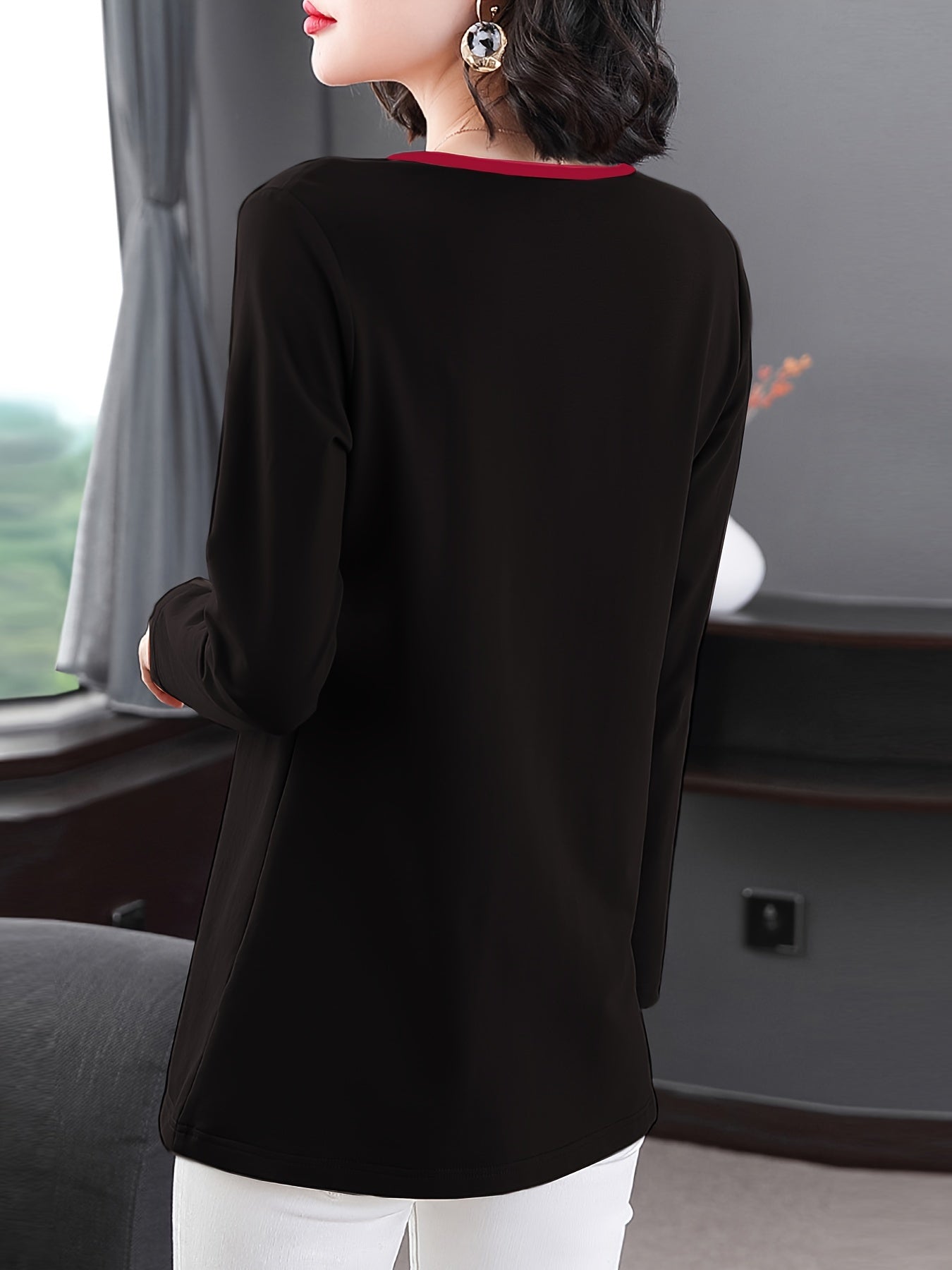 Deep Brown Long Sleeve T-Shirt for Women with Contrast Trim and Faux Button Detail Polyester Blend Spring Summer Elegant Korean Style