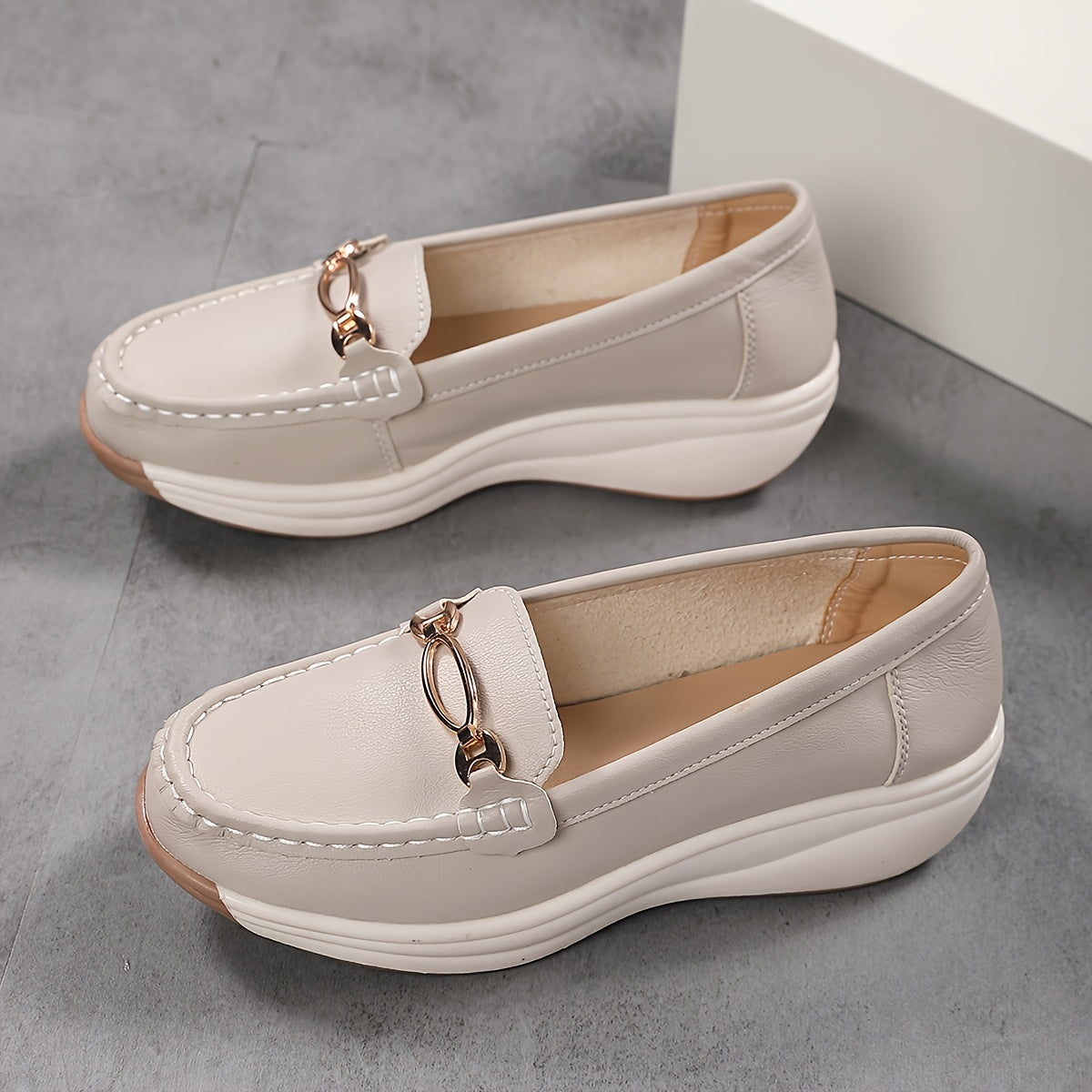 Women's Faux Leather French-Style Loafers with Metallic Buckle Beige