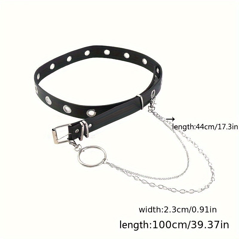 Gotik ayollar kiyimlari uchun kamar, ajraladigan zanjirli tassel bilan, rivet bilan ta'minlangan qora PU punk uslubidagi belbog'