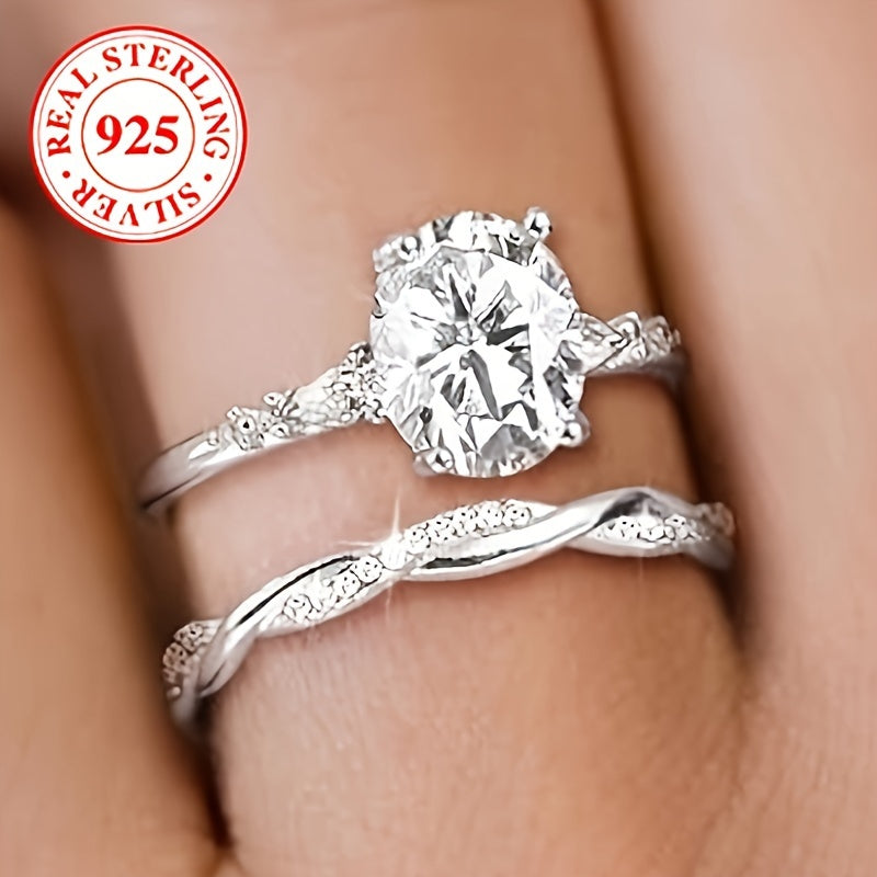 Sterling Silver S925 Bridal Set for Her Engagement Wedding Ring Stackable Zirconia