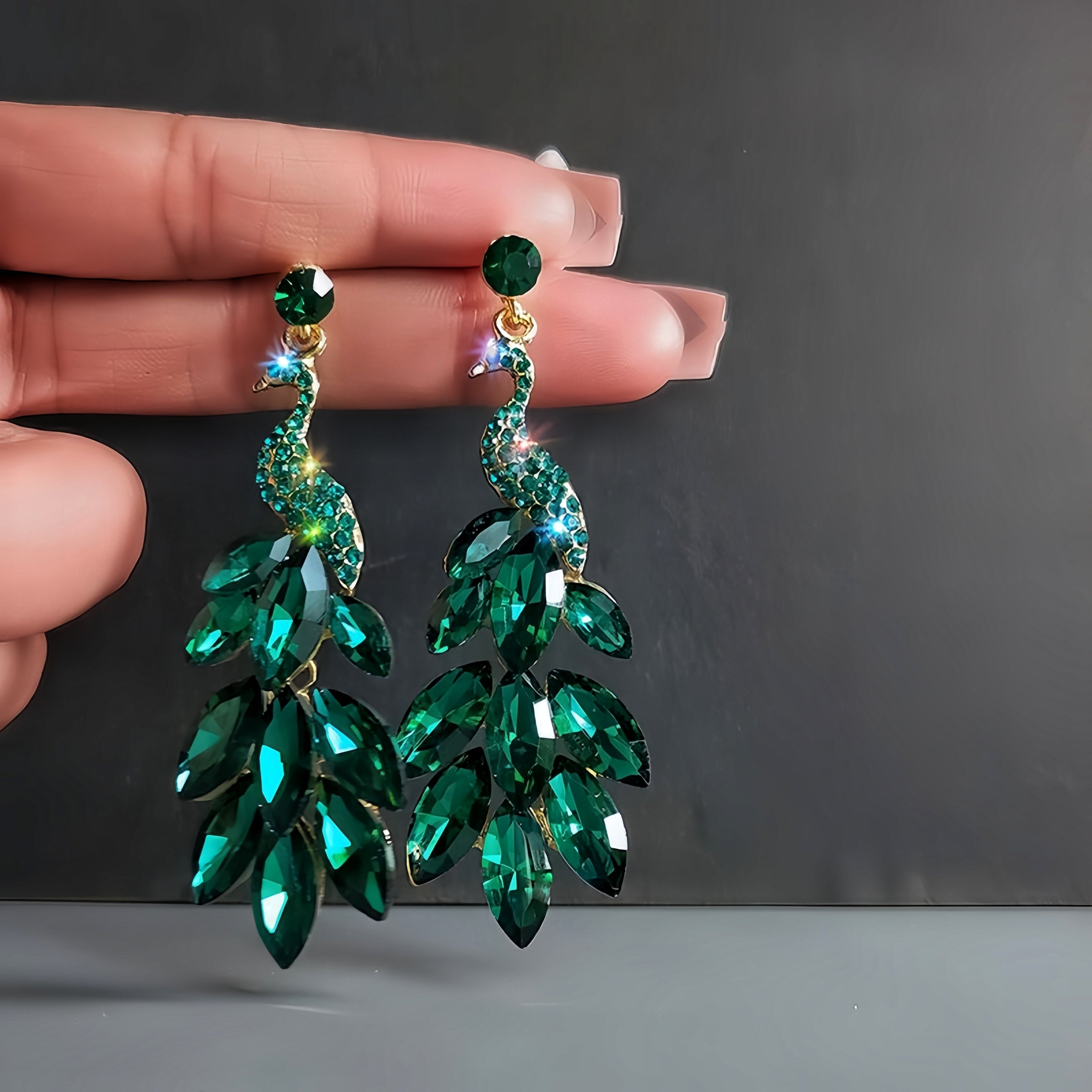 Peacock Crystal Drop Earrings Gold Plated Alloy Rhinestones Silver Studs Green Red Women