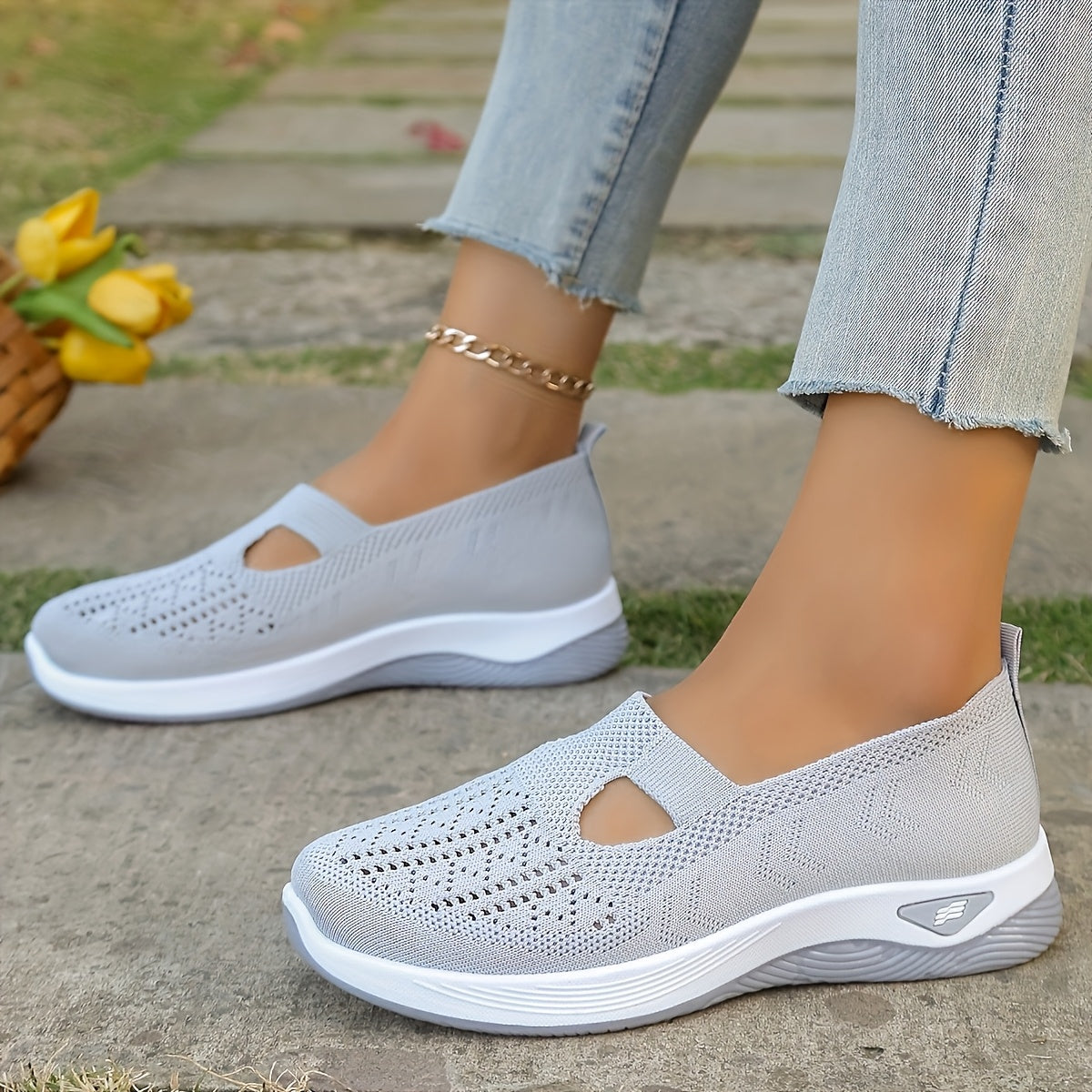 Women's Breathable Mesh Slip-On Sneakers with PVC Sole and Fabric Insole