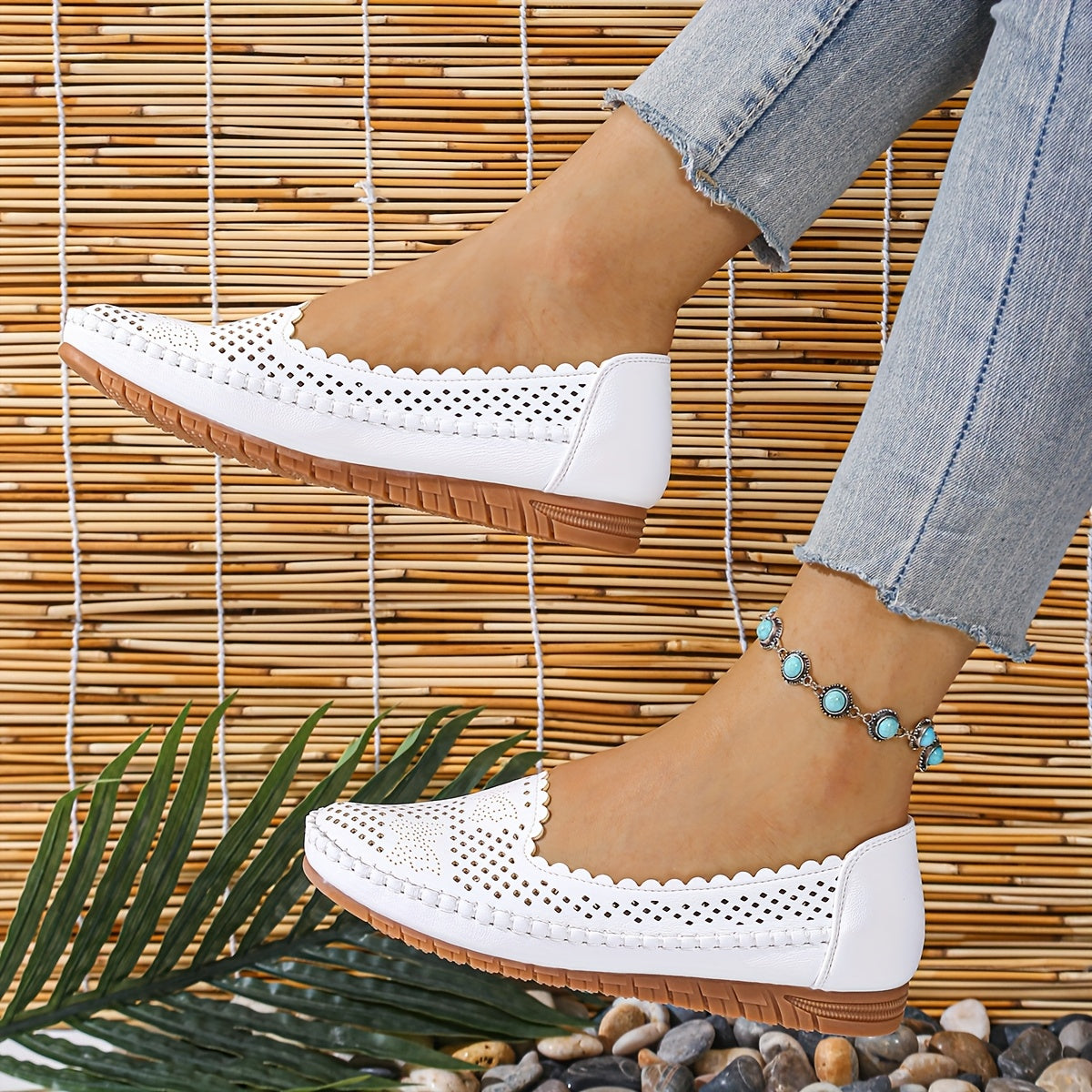 Women's Perforated Synthetic Loafers Slip-On Flats Beige White Cushioned