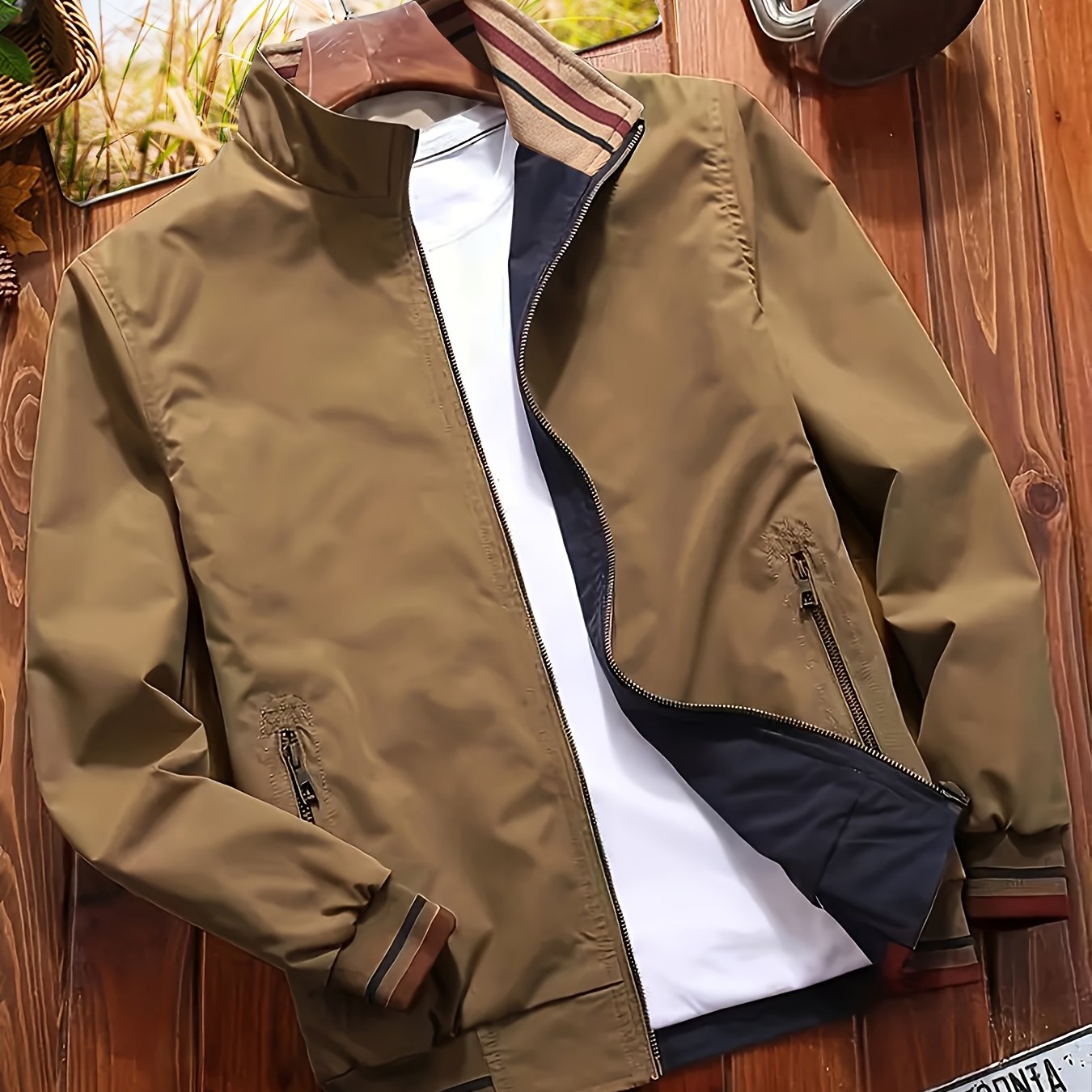 Men's Reversible Windproof Jacket with Pockets and Military-Inspired Design