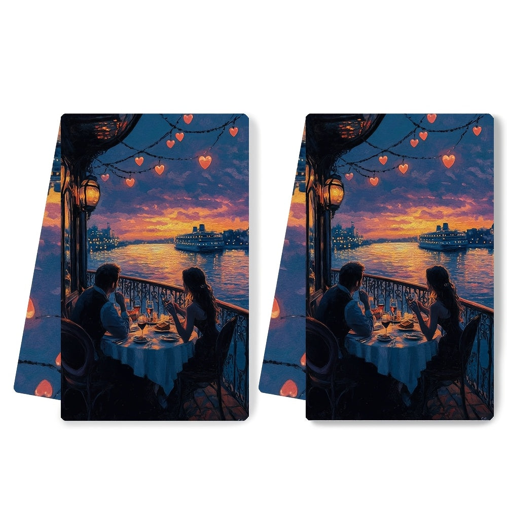 Set of 2 Soft Kitchen Towels with Romantic Dinner Cruise Scene