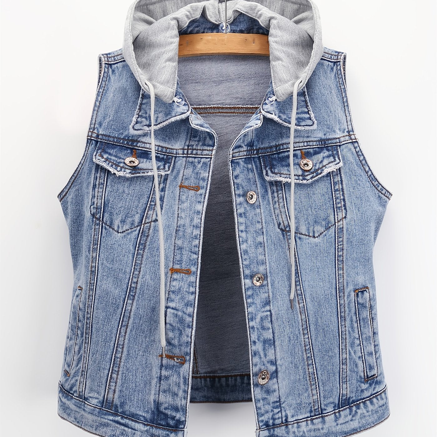 Женская безрукавная джинсовая куртка с отстегивающимся капюшоном, голубая, повседневная верхняя одежда