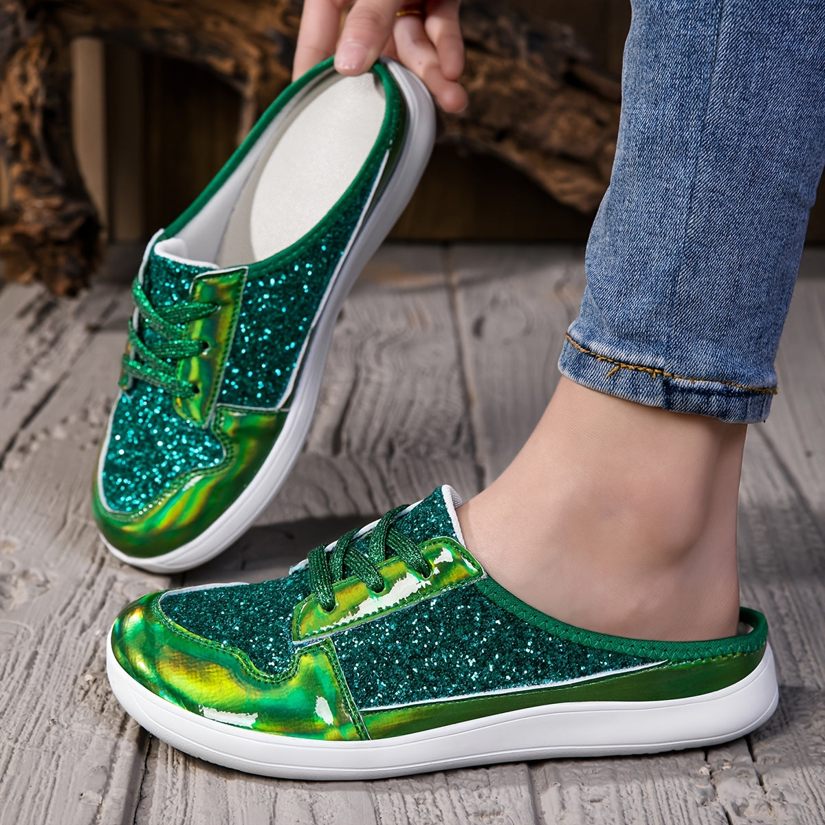 Women's Glitter Sequin Embellished Synthetic Cover Mules Breathable Summer Beach Shoes