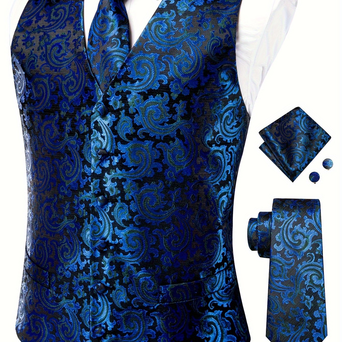 Plus Size Men's Paisley Vest Set with Necktie Hanky Cufflinks for Business Wedding Party