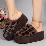 Women Fuzzy Leopard Print Slippers Plush Brown Black Spots Indoor Outdoor