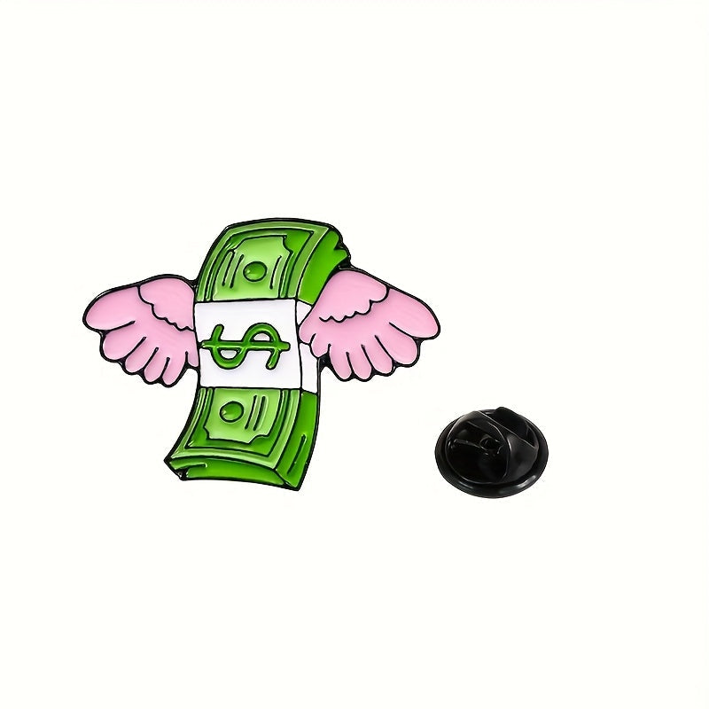 Set of 3 Angel Wings Enamel Pins with Money Dollar Design, Fashion Brooches for Women