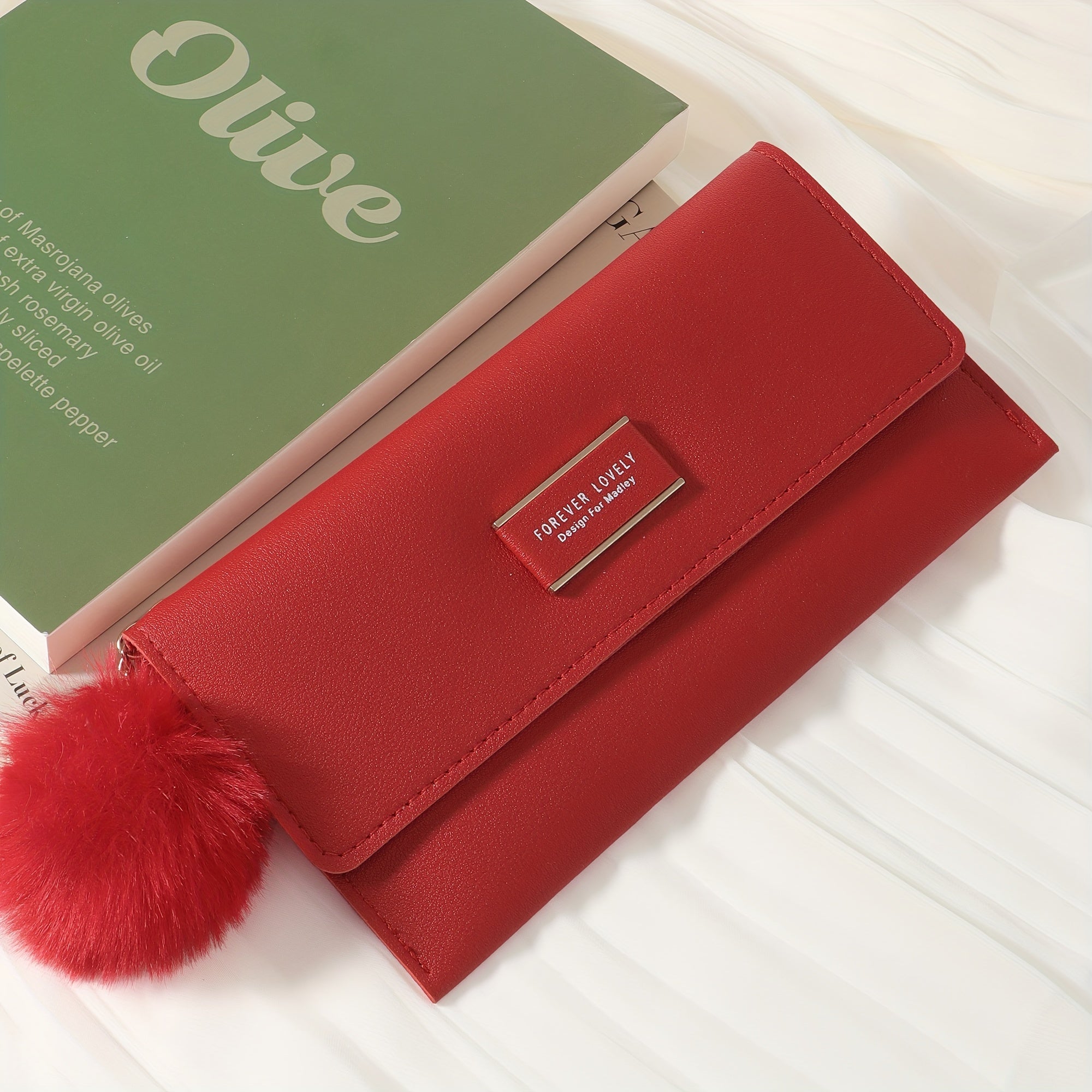 Women's Foldable PU Wallet with Fur Ball Decoration and Card Slots