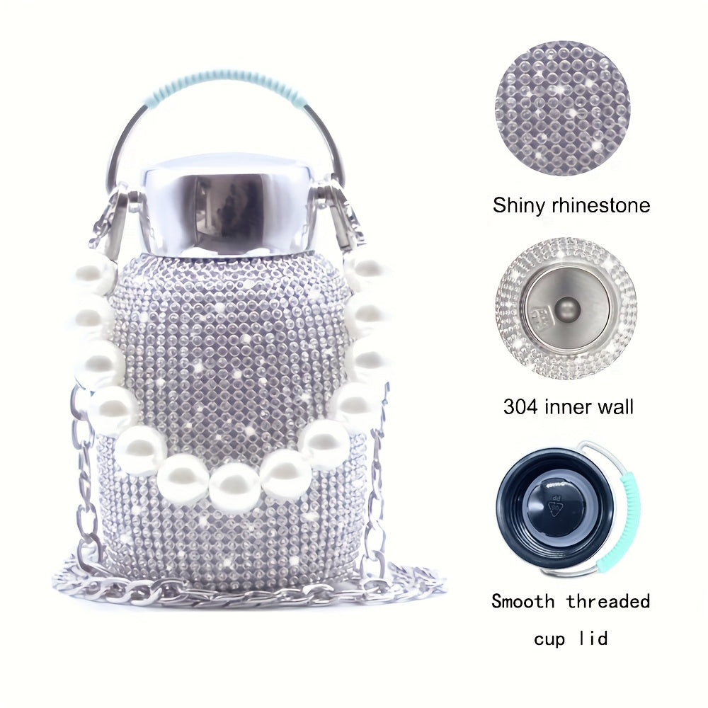 Double Layer Stainless Steel Water Bottle 260ml 8.8oz with Rhinestones for Hot Cold Drinks