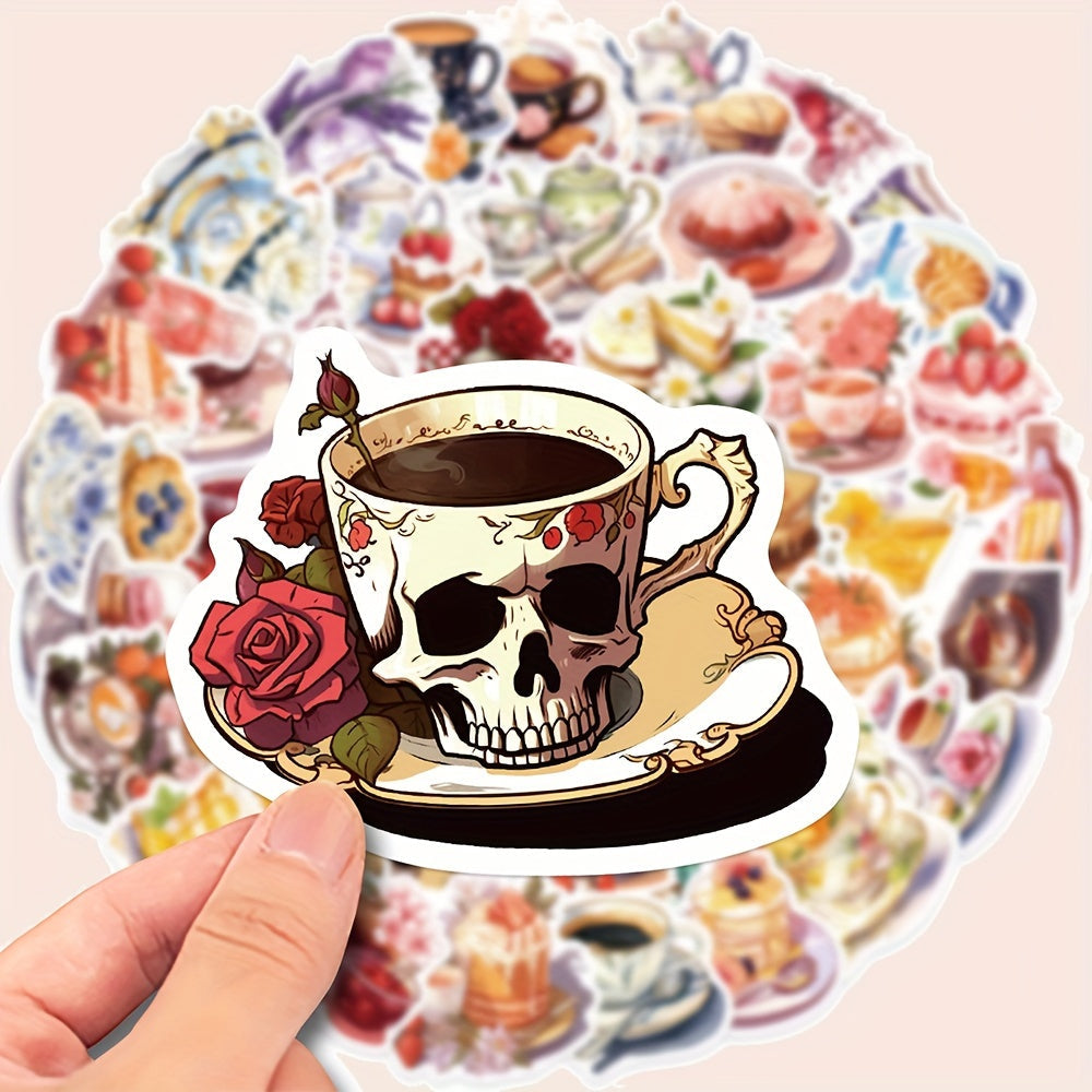 Set of 50 Waterproof Afternoon Tea and Dessert Stickers for Laptops, Phones, Notebooks