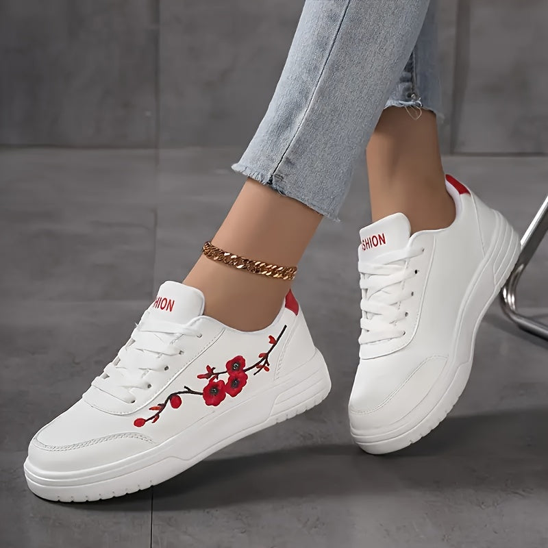 Women's Floral Embroidered Low-Top Sneakers White Pink Casual Breathable Fabric