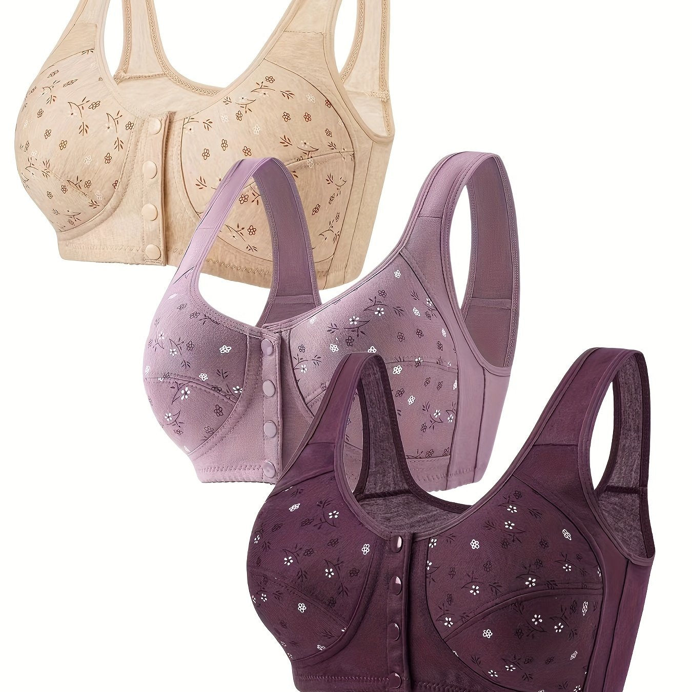 Set of 3 Floral Print Wireless Bras for Women Comfortable Breathable Front Closure