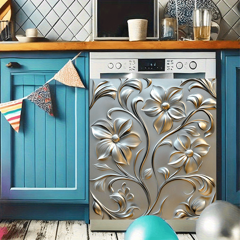 Imán de puerta de lavavajillas de PVC con diseño floral metálico 58.5x65cm, a prueba de agua y manchas