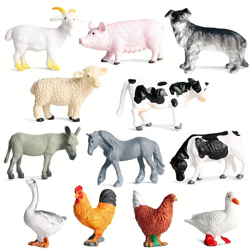 12-Piece Farm Animal Figures Set for Children Aged 3-6 PVC Miniature Play Animals Chickens Ducks Geese Horses Cows Educational Toy