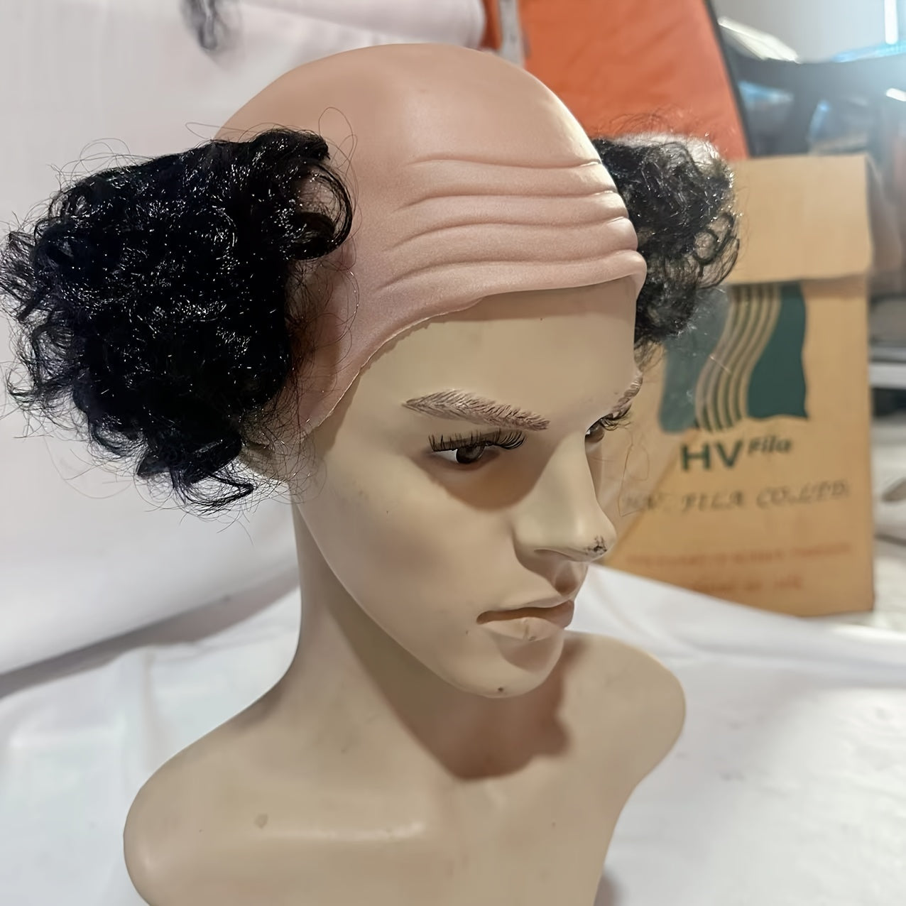 Men's Black Curly Wig for Cosplay and Festivals Polyester Trendy Bald Style