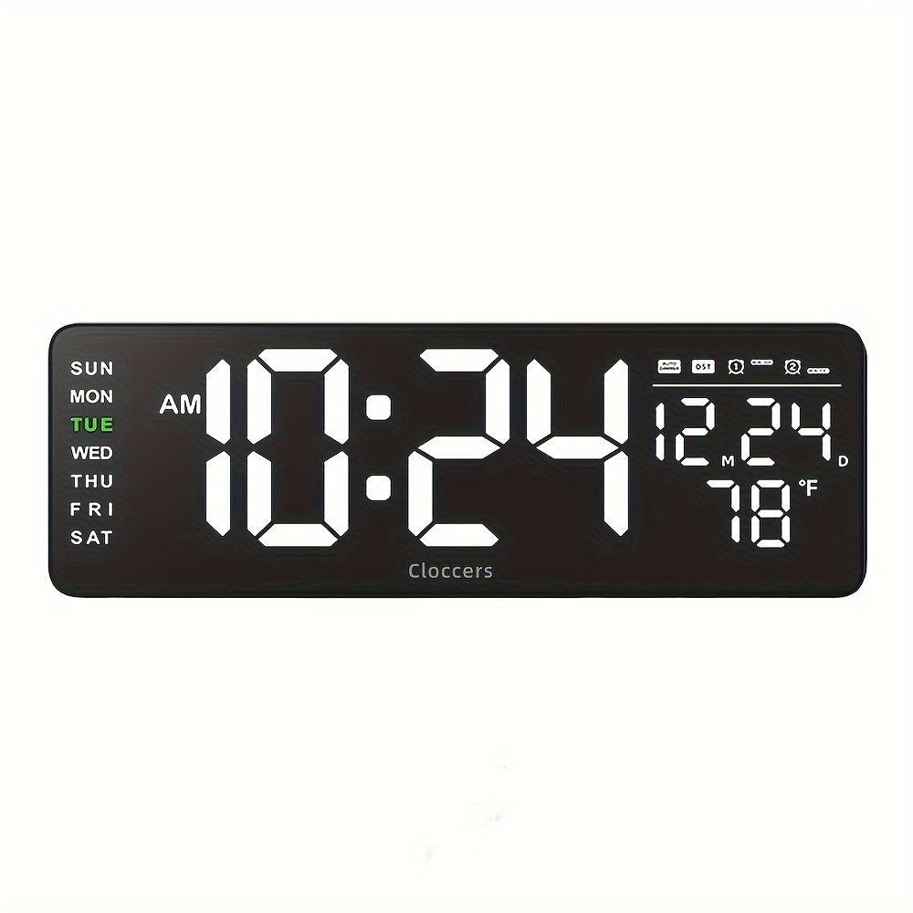 Large screen digital wall clock with indoor temperature date week display desk countdown timer 10-level brightness auto light LED dual alarm remote