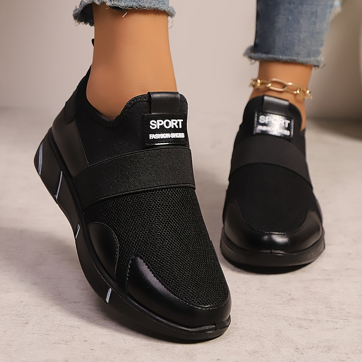 Women's Slip-On Sneakers Lightweight Knit Breathable Casual Shoes Black Gold