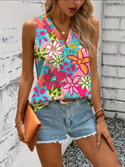 Plus Size Floral Print Sleeveless V-Neck Top for Summer Vacation