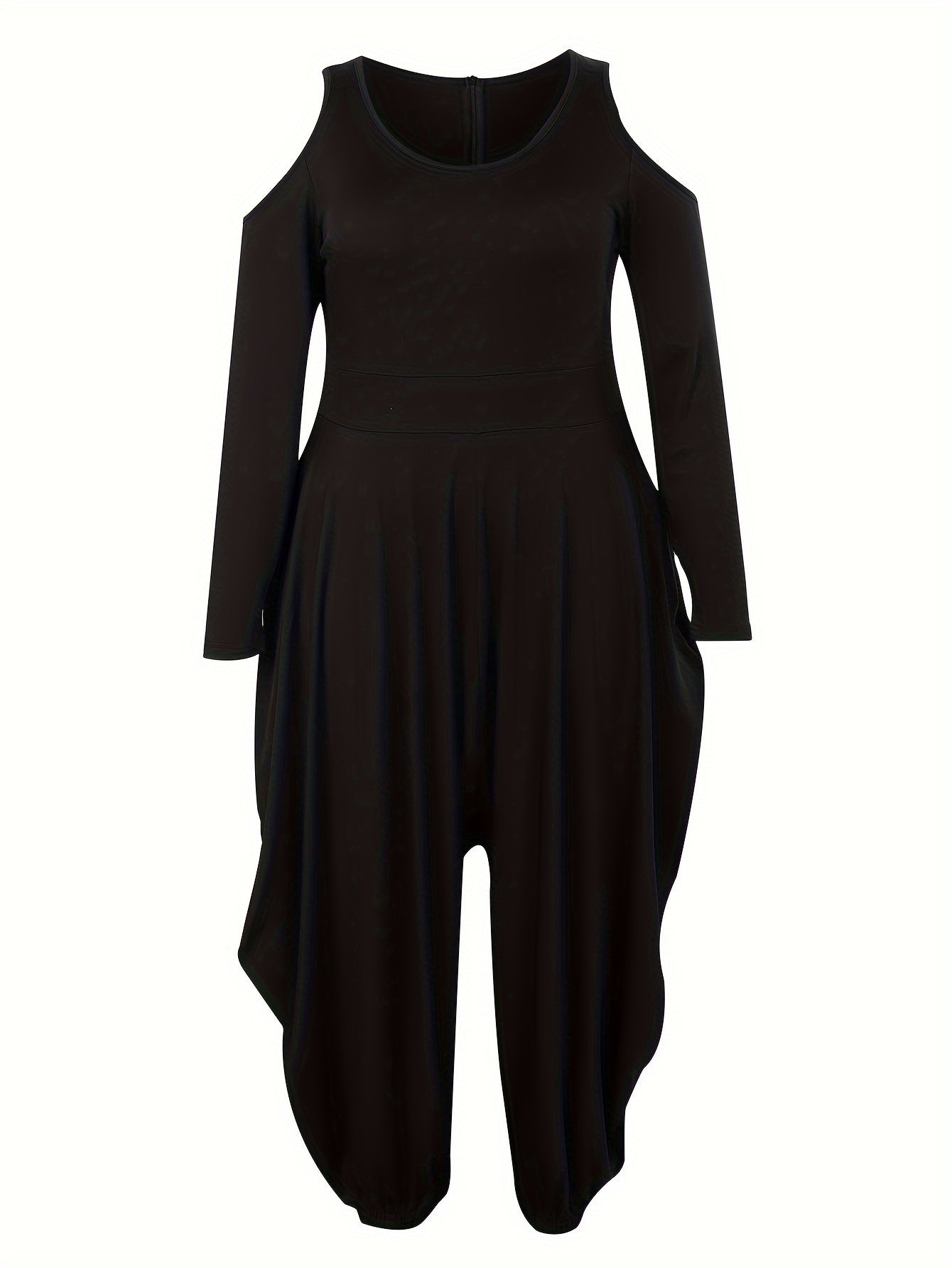 Mono largo de mujer talla grande negro con hombros descubiertos, manga larga y pierna ancha, casual y formal