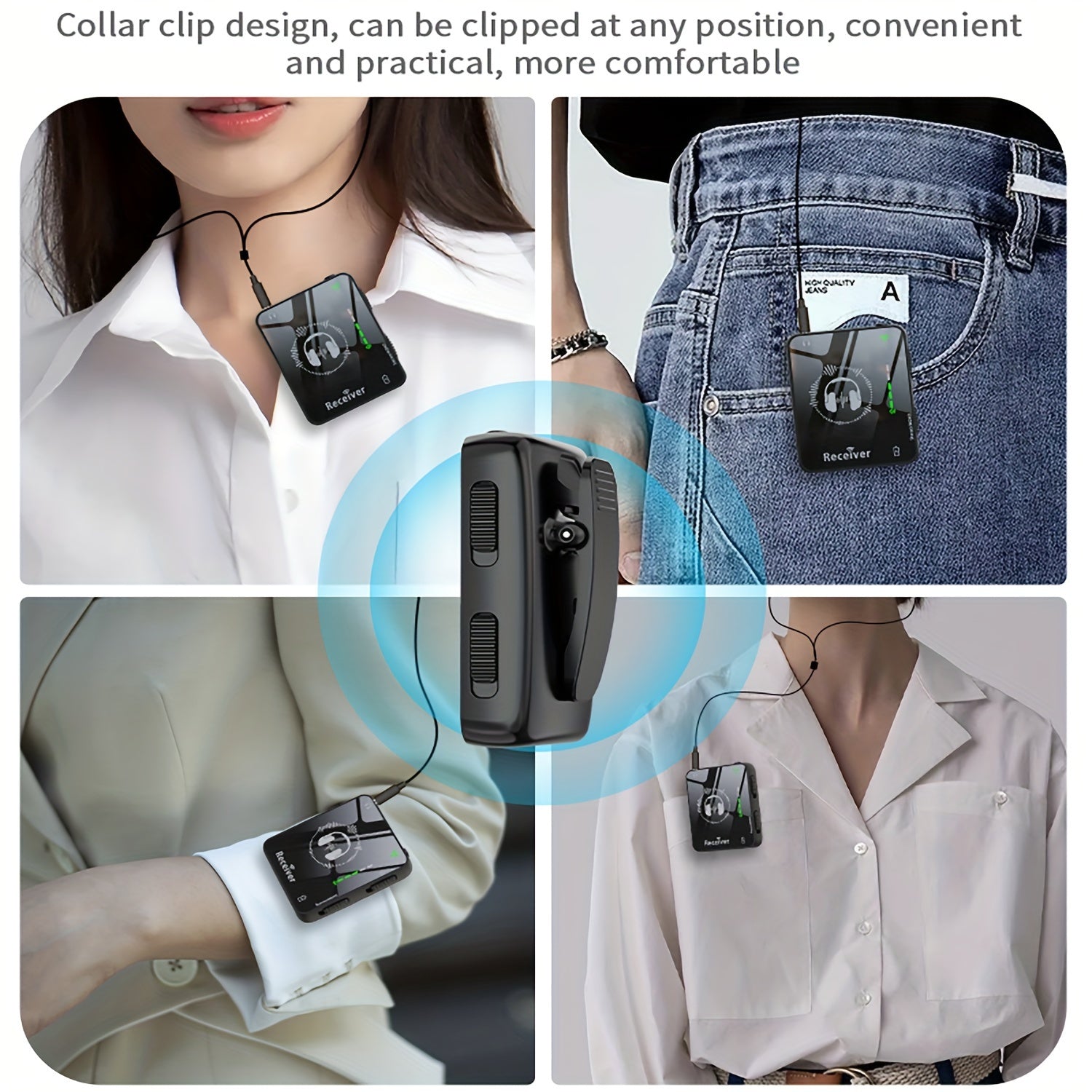 Sahna va guruh ishlatish uchun professional simsiz quloqchin tizimi, ABS materialidan tayyorlangan, yuqori aniqlikdagi audio, past kechikish va uzatkich va qabul qiluvchi uchun uzoq batareya umriga ega.