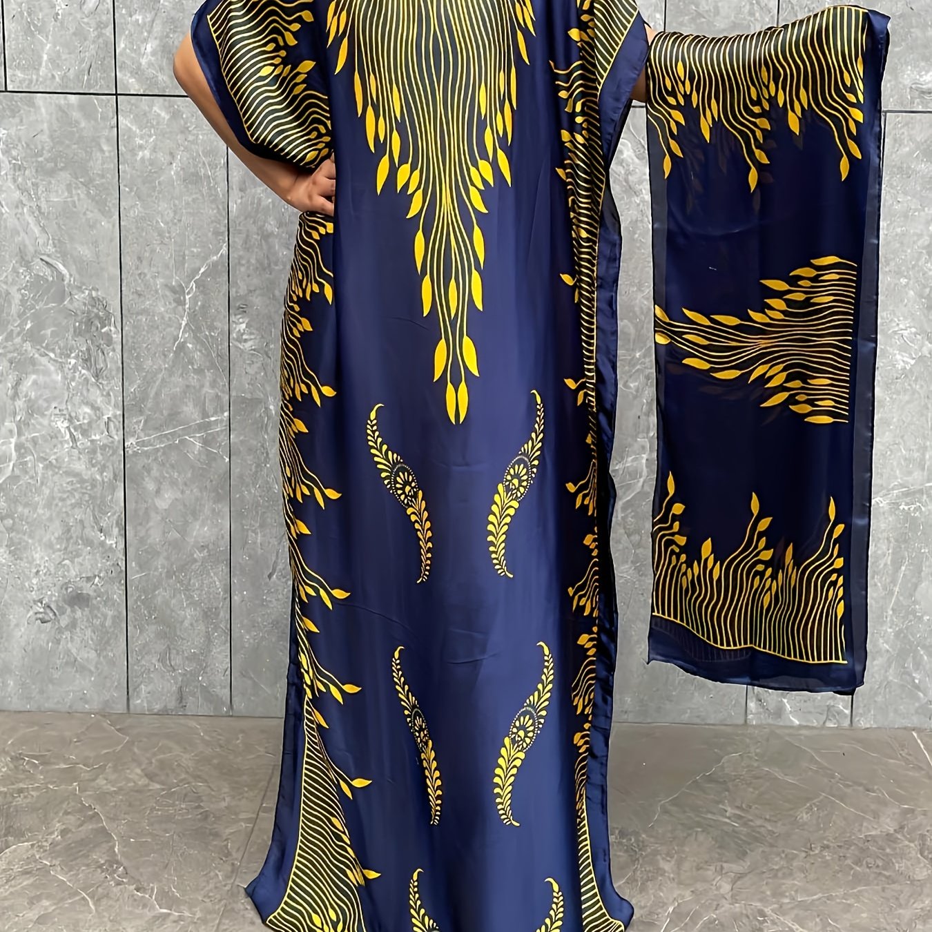 Plus Size Women's Batwing Sleeve Crew Neck Dress with Scarf Navy Blue Yellow Floral Fits All Seasons