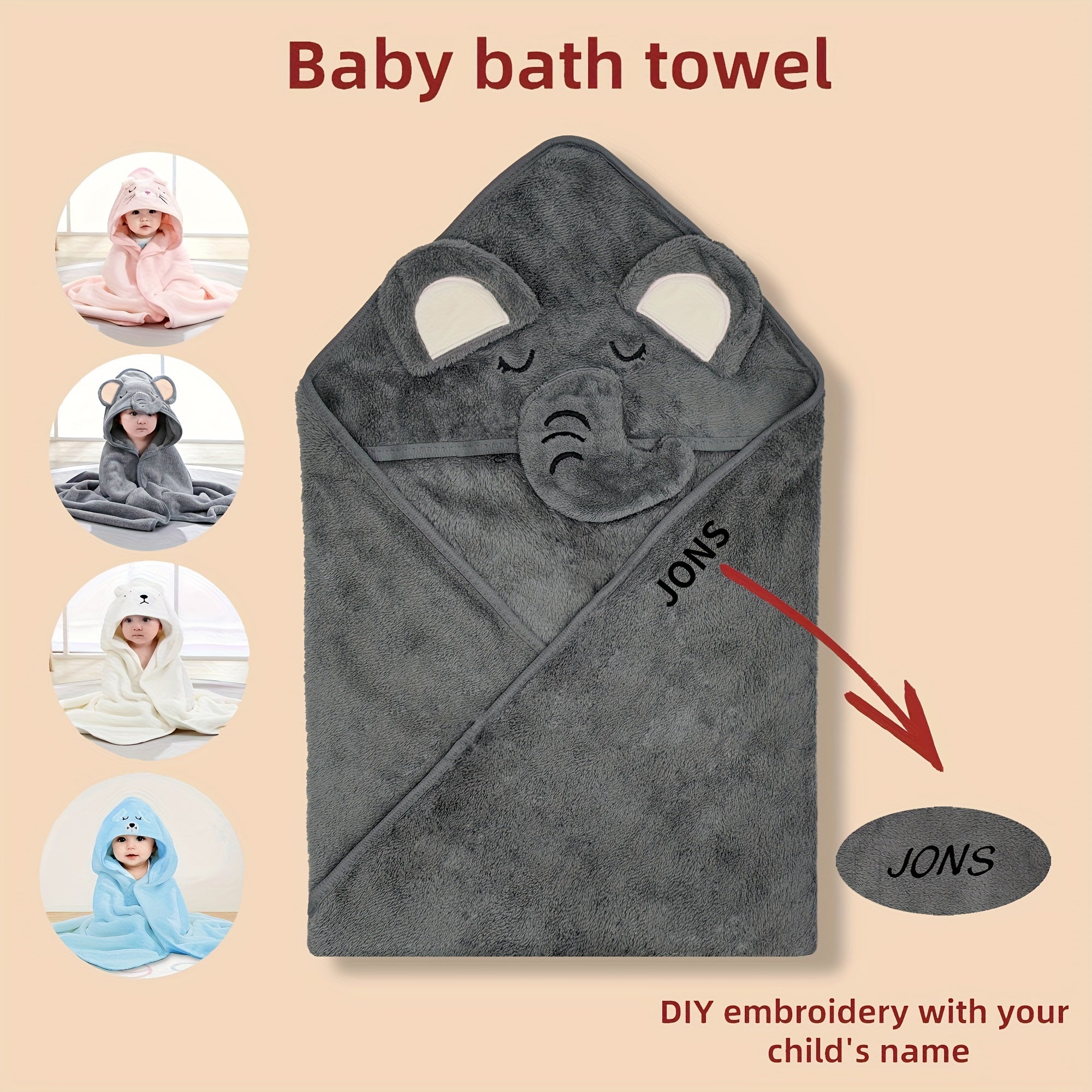 Personalized Cartoon Animal Bath Towel Blanket Soft Polyester Gray Pink Blue Gift