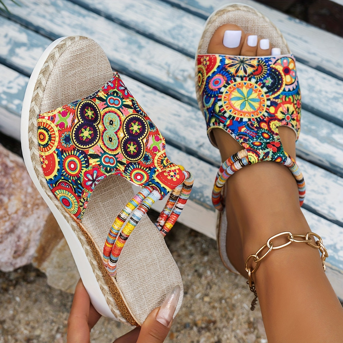 Women's Bohemian Style Slide Sandals Vibrant Geometric Pattern Open Toe