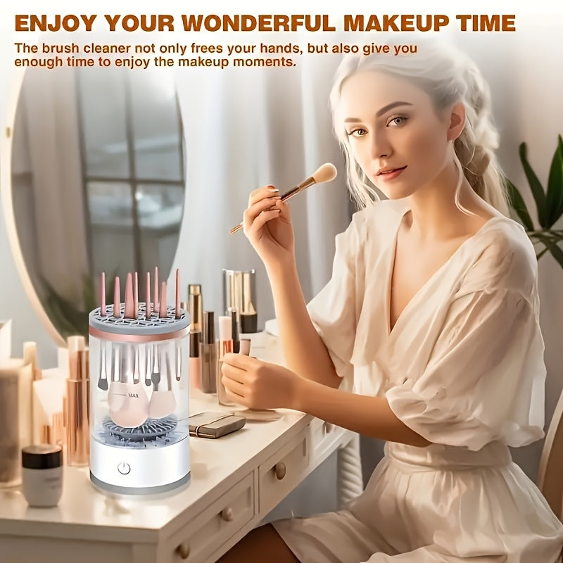 USB quvvatlangan makiyaj cho'tkasi tozalagichi va qurituvchisi, hidlanmaydigan, batareyasiz dizayn va mis aksentlari bilan shaffof korpus. ≤36V ishlash voltaji, ikki qismli cho'tka ushlagich, zamonaviy USB quvvat.