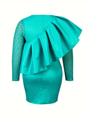 Plus Size Lace Bodycon Dress Long Sleeve Crew Neck Ruffle Trim Party Wear