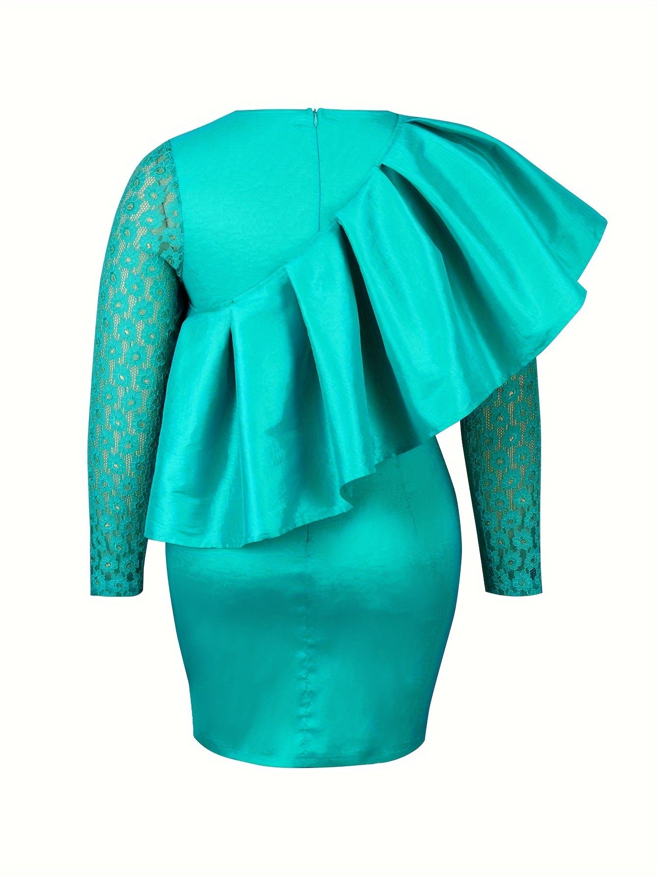 Plus Size Lace Bodycon Dress Long Sleeve Crew Neck Ruffle Trim Party Wear