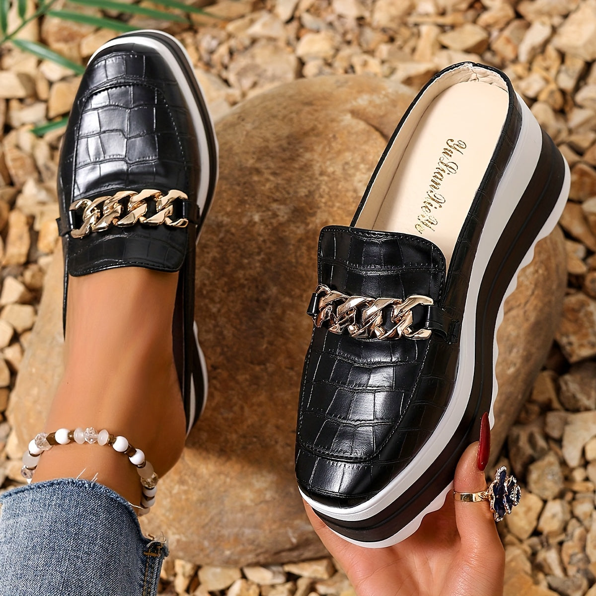 Women's Platform Shoes Synthetic Cushion Sole Gold Chain Casual Footwear