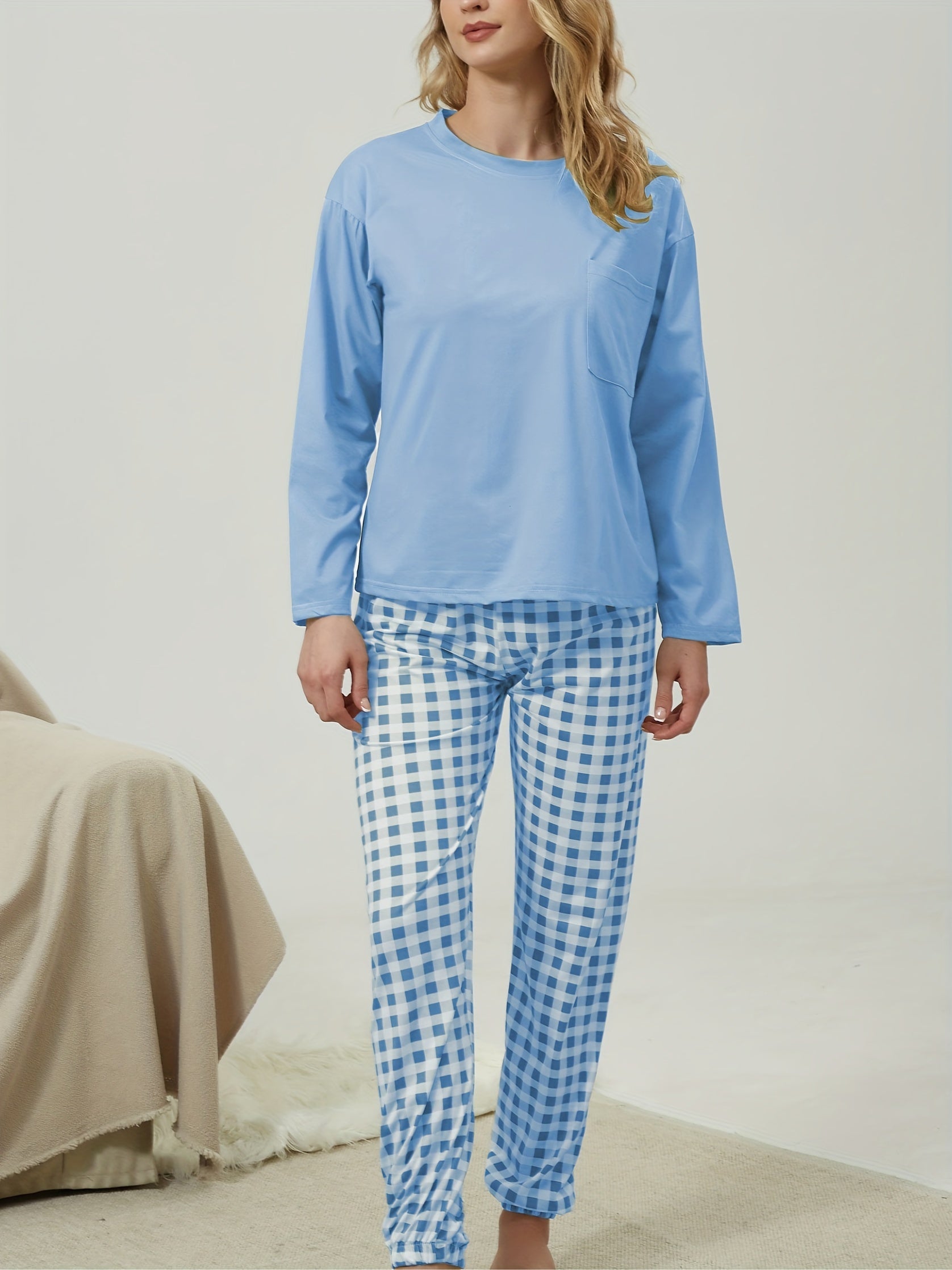 Women's Plaid Print Pajama Set with Crew Neck Top and Long Pants for Lounging