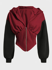 Ayollar uchun zamonaviy qora fermuarlı kapüşon, chiroyli yig'ilgan ko'krak dizayni, uzun yenglar, mashinada yuvish mumkin bo'lgan polyester, kuz/qish modasi uchun ideal.