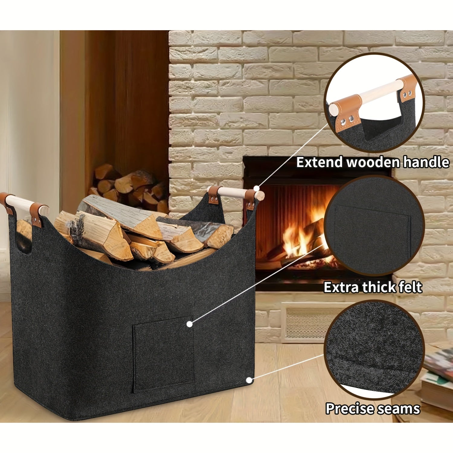 Spacious 55L Wooden Log Basket with Felt, Foldable Firewood Holder, Dark Gray